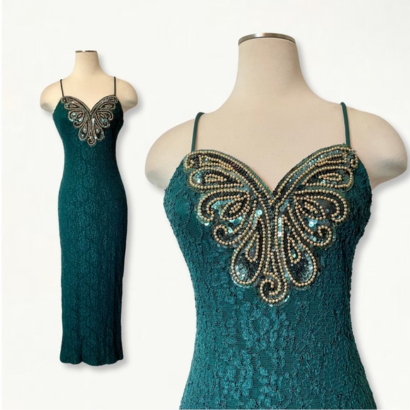 Frederick's of Hollywood Dresses & Skirts - Vintage 1990s Frederick’s of Hollywood Green Lace Sequin + Studded Formal Dress